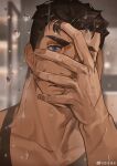  1boy absurdres bara black_tank_top brown_hair collarbone hand_on_own_face highres looking_at_viewer male_focus my_eight original portrait scar scar_on_arm short_hair solo tank_top thick_eyebrows water_drop wet wet_hair 