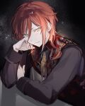  1boy black_background black_shirt blush brown_feathers closed_mouth ensemble_stars! feather_necklace feathers head_rest highres jewelry long_sleeves looking_at_viewer male_focus mmi_4 multicolored_hair necklace red_hair red_vest sakasaki_natsume shirt smile solo vest white_hair yellow_eyes 