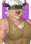  1boy animal_ears bara border brown_fur cacaocoffee camouflage camouflage_headwear chest_hair commentary cow_ears cow_horns facial_hair furry furry_male goatee green_tank_top headband heart highres horns large_pectorals looking_at_viewer male_focus minotaur muscular muscular_male one_eye_closed open_mouth outside_border pectorals purple_background purple_eyes purple_horns shennong_(housamo) short_hair simple_background smile solo tank_top tokyo_afterschool_summoners upper_body white_border white_hair 