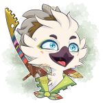  2023 anthro apazaradosparky avian beak biped bird blue_eyes bow_(weapon) breath_of_the_wild clothed clothing colored english_text feathers headshot_portrait hi_res male nintendo open_mouth open_smile portrait ranged_weapon rito signature simple_background smile solo tears_of_the_kingdom text the_legend_of_zelda tongue tulin_(tloz) uvula watermark weapon white_body white_feathers 