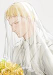  1boy blonde_hair blush bridal_veil cute_potato_(cute_potato_ner) goatee_stubble highres looking_at_viewer male_focus mustache_stubble necktie reiner_braun shingeki_no_kyojin short_hair sideways_glance solo suit upper_body veil wedding white_necktie white_suit yellow_eyes 