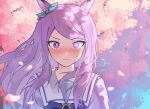  1girl animal_ears blush bow bowtie bright_pupils cherry_blossoms closed_mouth ear_bow floating_hair highres horse_ears long_hair looking_at_viewer mejiro_mcqueen_(umamusume) nose_blush outdoors petals purple_eyes purple_hair purple_shirt sailor_collar shirt solo sweat tree umamusume unneul upper_body white_pupils wind 