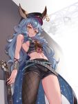  1girl animal_ears arms_behind_back bare_shoulders bell_(angelicalary) black_headwear black_shorts blue_hair breasts cape chain commentary_request crop_top curly_hair earrings erune ferry_(granblue_fantasy) fishnet_top fishnets from_below gold_chain granblue_fantasy grin guitar hair_between_eyes hat highres hip_focus instrument jewelry long_hair looking_at_viewer looking_down medium_breasts midriff navel necklace no_bra short_shorts shorts sideboob single_earring single_fishnet_legwear sleeveless small_breasts smile solo stage_lights thighs very_long_hair yellow_eyes 