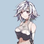  1girl ahoge arms_at_sides breasts chest_tattoo cleavage closed_mouth farleen flipped_hair highres kakko_madoka looking_at_viewer navel purple_hair short_hair smile solo star_ocean star_ocean_till_the_end_of_time tattoo 