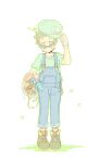  1boy blue_flower blue_overalls blue_pants blush boots bouquet brown_footwear brown_hair buttons closed_eyes commentary_request facial_hair fire_flower flower full_body gloves green_headwear green_outline green_shirt grin hand_up hat hat_removed headwear_removed highres holding holding_bouquet holding_clothes holding_hat ice_flower kayako_(bimabima) luigi male_focus mario_(series) mustache outline overalls pants pink_flower raised_eyebrows red_flower shirt short_hair short_sleeves simple_background smile socks solo standing star_(symbol) starman_(mario) striped striped_socks teeth white_background white_flower white_gloves yellow_flower 