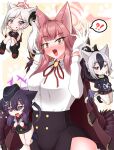  !? 4girls :q animal_ears arms_up aru_(blue_archive) black_flower black_footwear black_hair black_headwear black_hoodie black_jacket black_skirt blue_archive blush boots breasts brown_eyes brown_hair brown_jacket cat_ears cat_girl cat_tail closed_mouth collared_shirt commentary_request dress_shirt fang flower fur-trimmed_jacket fur_trim garrison_cap gloves grey_hair hair_between_eyes hair_flower hair_ornament halo hands_in_pockets haruka_(blue_archive) hat highres hood hood_down hoodie horns jacket jacket_on_shoulders kayoko_(blue_archive) kemonomimi_mode long_hair long_sleeves medium_breasts minigirl multicolored_hair multiple_girls mutsuki_(blue_archive) neck_ribbon nose_blush open_mouth parted_bangs pencil_skirt pleated_skirt purple_eyes purple_hair red_ribbon red_shirt red_skirt ribbon shirt sho~ranpe side_ponytail skirt spoken_interrobang sweat tail tongue tongue_out two-tone_hair very_long_hair white_gloves white_shirt 