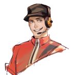  1boy black_headwear blue_eyes chinese_commentary collared_shirt commentary_request hat headset open_mouth red_shirt scout_(tf2) sdz_(inazuma) shirt sketch smile team_fortress_2 teeth upper_body white_background yellow_headphones zipper zipper_pull_tab 