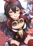  1girl amber_(genshin_impact) baron_bunny_(genshin_impact) blurry blurry_background bow breasts brown_eyes brown_hair cleavage commentary_request crossed_bangs genshin_impact gloves goggles goggles_around_neck hair_bow hairband heart kitahara_tomoe_(kitahara_koubou) long_hair looking_at_viewer medium_breasts nervous_smile open_mouth red_hairband red_thighhighs short_shorts shorts signature smile thighhighs thighs v vision_(genshin_impact) white_gloves 