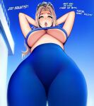  1girl alternate_costume blonde_hair breasts cleavage english_text goggles goggles_on_head green_eyes highres ikkimay nova_(starcraft) pants starcraft tight_clothes yoga_pants 