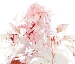  1girl arcaea blood blood_in_hair blood_on_clothes blood_on_face blood_on_hands bow closed_mouth dress empty_eyes frilled_sleeves frills gold_trim hair_bow head_wings hikari_(arcaea) long_hair long_sleeves mechari pink_bow pink_eyes sidelocks simple_background sitting solo very_long_hair white_background white_dress white_hair white_wings wings 