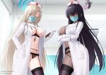  2girls asuna_(blue_archive) black_choker black_garter_belt black_hair black_thighhighs blonde_hair blue_archive blue_eyes breasts choker clipboard dark-skinned_female dark_skin garter_belt gloves halo hat holding holding_clipboard joko_jmc karin_(blue_archive) lab_coat large_breasts long_hair mask mouth_mask multiple_girls navel nurse nurse_cap stethoscope stomach surgical_mask thighhighs very_long_hair white_gloves 