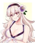  1girl arms_under_breasts bikini breasts cleavage corrin_(female)_(fire_emblem) corrin_(female)_(summer)_(fire_emblem) corrin_(fire_emblem) crossed_arms fire_emblem fire_emblem_fates fire_emblem_heroes flower hair_flower hair_ornament hairband highres large_breasts long_hair looking_at_viewer n_54 official_alternate_costume smile solo swimsuit upper_body white_bikini 