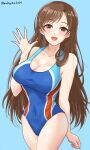  1girl blue_background breasts brown_eyes brown_hair chamumi_(mochiumee) cleavage competition_swimsuit cowboy_shot highres idolmaster idolmaster_cinderella_girls long_hair medium_breasts nitta_minami one-piece_swimsuit open_mouth smile swimsuit 
