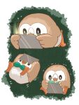  abstract_background animal animal_focus beak bird bow bowtie bright_pupils brown_feathers feathers green_background green_bow green_bowtie highres hiyoko_kurabu holding holding_phone looking_at_object looking_at_phone lying motion_lines o_o on_back on_stomach open_mouth owl phone pokemon pokemon_(creature) rowlet scared simple_background sitting solo solo_focus sparkle sparkling_eyes talons trembling white_feathers white_pupils 