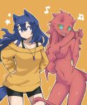  anthro bottomwear canid canine canis clothed clothing digital_media_(artwork) duo female fur hair hi_res human humanoid mammal pendant purple_hair rekidesu shorts simple_background sweater text topwear tsukiko_(rekidesu) were werecanid werecanine werewolf wolf yellow_clothing yellow_sweater yellow_topwear 