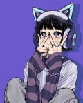  1girl :3 animal_ear_headphones animal_ears bandaid bandaid_on_face bead_bracelet beads black_hair black_nails blue_eyes blunt_bangs blunt_ends bob_cut bracelet cat_ear_headphones closed_mouth double_v drop_shadow eyelashes fake_animal_ears fang fang_out grey_pants headphones highres jewelry knees_up layered_shirt layered_sleeves looking_ahead mole mole_under_eye multiple_rings muryo nail_art nail_polish original pants purple_background purple_eyes purple_hair purple_sleeves purple_theme ring shirt short_hair simple_background sitting smile solo star_(symbol) star_in_eye striped_sleeves symbol_in_eye t-shirt upper_body v white_shirt 