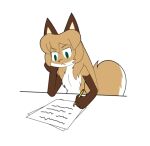  anthro averi_(fiddleafox) brown_body brown_fur canid canine dipstick_tail female female_anthro fox fur gloves_(marking) green_eyes hair low_res mammal markings paper pencil_(object) solo tail tail_markings unknown_artist white_body white_fur writing_utensil 