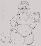  2023 anthro artist_name belly belly_overhang beverage big_breasts bikini blush bodily_fluids breasts canid canine canis cleavage clothed clothing digital_media_(artwork) domestic_dog female floppy_ears hair hair_bun hand_on_hip hi_res holding_beverage holding_object june_(largefluffydog) looking_at_viewer love_handles mammal monochrome navel overweight overweight_female portrait saintsucrose sketch skindentation smile solo standing sweat sweaty_belly sweaty_legs sweaty_thighs swimwear thick_thighs three-quarter_portrait wide_hips 