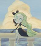  1girl absurdres artist_name asymmetrical_hair black_skin blue_eyes blue_gemstone blue_sky bright_pupils cloud colored_skin commentary day earpiece english_commentary forehead_jewel full_body gem green_hair highres horizon legs legs_together long_hair looking_at_viewer meloetta mixed-language_commentary multicolored_skin ocean on_railing open_mouth outdoors pokemon pokemon_(creature) sazanami_(rsrm1) sidelocks signature sitting sky solo two-tone_skin very_long_hair white_pupils white_skin 