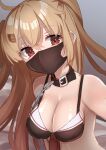  1girl absurdres animal_collar bikini black_bikini breasts brown_eyes chain cleavage collar commentary_request front-tie_bikini_top front-tie_top highres kantai_collection light_brown_hair long_hair looking_at_viewer mask medium_breasts mouth_mask murasame_(kancolle) murasame_kai_ni_(kancolle) shirasumato solo swimsuit twintails two_side_up upper_body 