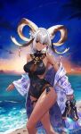  1girl animal_ear_fluff animal_ears arknights armlet backlighting bare_shoulders beach black_footwear breasts carnelian_(arknights) carnelian_(shimmering_dew)_(arknights) casual_one-piece_swimsuit closed_mouth covered_navel dark-skinned_female dark_skin ema_(kuguiema) evening feet_out_of_frame fringe_trim goat_ears goat_girl goat_horns gradient_sky grey_hair holding holding_shoes horns jewelry large_breasts long_sleeves looking_at_viewer necklace ocean official_alternate_costume one-piece_swimsuit outdoors red_eyes shoes shoes_removed short_hair sky smile solo sunset swimsuit water 