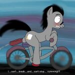  bicycle bodily_fluids butt cum cutie_mark earth_pony embarrassed equid equine fan_character genital_fluids genitals grey_body hasbro horse humor joe_the_pony male male/male mammal mojobutterspanky my_little_pony penis pony road shocked shocked_expression solo 