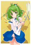  1girl antenna_hair blue_skirt blush border breasts breasts_squeezed_together closed_mouth collared_shirt commentary_request cowboy_shot dated detached_sleeves frilled_skirt frills frog_hair_ornament gohei green_eyes green_hair hair_ornament highres kei_jiei kochiya_sanae large_breasts long_hair looking_at_viewer medium_bangs outside_border shadow shirt single_sidelock skirt sleeveless sleeveless_shirt smile snake_hair_ornament solo touhou white_border white_shirt white_sleeves yellow_background 