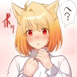  1girl ? ahoge animal_ears arcueid_brunestud blonde_hair blush cat_ears clenched_hands hands_up highres nachiku parted_lips red_eyes short_hair simple_background single_hair_intake solo speech_bubble sweat sweater tareme translation_request tsukihime white_sweater 
