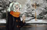  1girl absurdres backpack bag black_coat black_eyes breath coat duffel_coat dumpling earmuffs food highres holding holding_food long_sleeves orange_scarf original outdoors road scarf short_hair snow solo sweater tito_(men-hukurou) traffic_mirror tree white_hair winter 