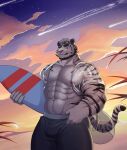  1boy :q absurdres alternate_costume alternate_facial_hair animal_ears any_(7624455) arknights bara bare_pectorals beard black_male_swimwear bulge facial_hair feet_out_of_frame furry furry_male highres holding holding_surfboard large_pectorals looking_at_viewer male_focus male_swimwear mountain_(arknights) muscular muscular_male pectorals scar scar_across_eye see-through see-through_shirt short_hair solo standing sunset surfboard thick_eyebrows thick_thighs thighs tiger_boy tiger_ears tiger_stripes tongue tongue_out white_fur white_hair 
