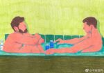  2boys arm_rest bara colored_pencil_(medium) couple dagou_(yuzhou_fei_gou) faceless faceless_male from_side geass knees_up looking_to_the_side male_focus mature_male multiple_boys nude original pool shared_bathing short_hair thick_eyebrows traditional_media weibo_logo weibo_username yaoi 