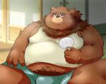  2023 anthro bear belly big_belly bodily_fluids bottomwear brown_body brown_fur bulge clothing fur hi_res kemono male mammal navel overweight overweight_male shorts sitting solo sweat yanununununu 