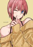 1girl ;) aosora2823 bare_shoulders blush collarbone earrings go-toubun_no_hanayome highres jewelry long_sleeves looking_at_viewer nakano_ichika off-shoulder_sweater off_shoulder one_eye_closed pink_hair short_hair simple_background smile solo stud_earrings sweater twitter_username upper_body yellow_background yellow_sweater 