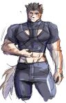  1boy ? animal_ears bara blush brown_fur cleavage_cutout clothing_cutout covered_nipples cropped_legs cropped_shirt dog_boy dog_ears dog_tail doku_(hitori_ox) furrification furry furry_male highres large_pectorals looking_at_viewer male_focus motion_lines muscular muscular_male pants pectorals protagonist_3_(housamo) short_hair sketch solo tail thick_eyebrows tokyo_afterschool_summoners 