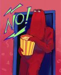  ambiguous_gender dialogue don&#039;t_hug_me_i&#039;m_scared doorway food hair hi_res humanoid lidded_eyes not_furry popcorn red_body red_guy_(dhmis) red_hair solo tendonart yelling 