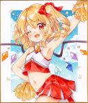  1girl arm_up blonde_hair blush cheering cheerleader cowboy_shot crystal fang flandre_scarlet holding holding_pom_poms long_hair mimi_(mimi_puru) navel one_eye_closed one_side_up open_mouth pom_pom_(cheerleading) red_eyes red_skirt skin_fang skirt smile solo touhou traditional_media wings 