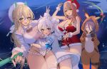 4girls absurdres animal_costume animal_ear_fluff animal_ears ash_(cat7evy) bare_shoulders bell beret black_hair blonde_hair blue_eyes blush bow breasts brown_hair christmas cleavage clinging controller dress earrings emma_(color_me_red)_(nikke) emma_(nikke) exia_(joy_to_the_nerds)_(nikke) exia_(nikke) fingernails fur_cuffs fur_hat fur_trim game_console game_controller goddess_of_victory:_nikke green_eyes hair_between_eyes hair_ornament hairclip hands_up hat head_on_chest highres holding holding_controller holding_game_controller hood hoodie hug jewelry jumpsuit large_breasts light logo long_hair long_sleeves looking_at_viewer multiple_girls n102_(miracle_fairy)_(nikke) n102_(nikke) nail_polish neck_bell official_alternate_costume open_mouth red_dress reindeer_costume ribbon rupee_(nikke) rupee_(winter_shopper)_(nikke) santa_costume santa_dress santa_hat shiny_clothes short_sleeves sidelocks simple_background smile standing thigh_pouch thighs upper_body watch white_hair wristwatch yellow_eyes 