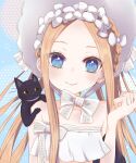  1girl abigail_williams_(fate) abigail_williams_(swimsuit_foreigner)_(fate) abigail_williams_(swimsuit_foreigner)_(third_ascension)_(fate) absurdres animal_on_shoulder bikini black_cat blonde_hair blue_eyes blush bonnet bow braid cat cat_on_shoulder fate/grand_order fate_(series) highres long_hair looking_at_viewer parted_bangs smile solo strapless strapless_bikini swimsuit upper_body white_bikini white_bow white_headwear yamuimo 
