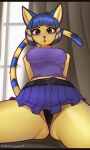  2023 absurd_res animal_crossing ankha_(animal_crossing) anthro belt big_breasts black_nose blonde_highlights blue_eyes blue_hair bottomwear breasts clothing domestic_cat eyebrows eyelashes felid feline felis female hair hi_res highlights_(coloring) inside letterbox looking_at_viewer mammal markings midriff nintendo panties pleated_skirt shirt short_hair skirt solo spread_legs spreading striped_markings striped_tail stripes sukiskuki tail tail_markings tank_top topwear underwear upskirt 