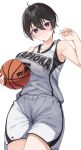  1girl arm_up armpits ball basketball_uniform black_hair blush breasts clothes_writing highres holding holding_ball large_breasts original purple_eyes shirt short_hair shorts simple_background sleeveless sleeveless_shirt smile solo sportswear tapioka_(oekakitapioka) white_background 