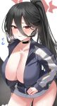  1girl black_hair black_wings blue_archive blue_jacket blush breasts choker cleavage collarbone feathered_wings hair_between_eyes halo hasumi_(blue_archive) hasumi_(gym_uniform)_(blue_archive) high_ponytail highres horn/wood jacket large_breasts long_hair long_sleeves looking_at_viewer low_wings mole mole_under_eye red_eyes solo sweat thighs very_long_hair wings 