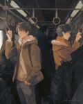  6+boys animal_print backpack bag black_hair blush cat_print driftwoodwolf green_eyes jacket looking_back male_focus multiple_boys open_clothes open_jacket original pants scenery standing train train_interior window yaoi 