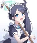  &lt;key&gt;_(robot)_(blue_archive) 1girl absurdres apron aris_(blue_archive) aris_(maid)_(blue_archive) black_hair blue_archive blue_eyes blue_halo broom bucket dress frilled_apron frilled_dress frills full_body halo highres holding holding_broom holding_bucket long_hair looking_at_viewer maid maid_apron maid_headdress official_alternate_costume pantyhose ponytail short_sleeves simple_background solo standing white_background white_pantyhose yamggu 