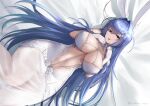  1girl :3 :p absurdly_long_hair absurdres animal_ears azur_lane bare_shoulders blue_eyes blue_hair breasts center_opening cleavage collarbone commentary dress elbow_gloves fake_animal_ears gloves hair_between_eyes hair_intakes hair_ornament hair_spread_out hands_up highres irkawaza large_breasts long_hair looking_at_viewer lying new_jersey_(azur_lane) new_jersey_(snow-white_ceremony)_(azur_lane) official_alternate_costume on_back rabbit_ears see-through see-through_dress shadow sidelocks smile solo star_(symbol) star_hair_ornament stomach tongue tongue_out twitter_username very_long_hair wedding_dress white_dress white_gloves 