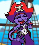  2023 alternate_species anthro breasts captainquack64 cleavage clothed clothing cloud day eyes_closed felid feline female fur furrification hat headgear headwear hi_res hook_hand mammal open_mouth open_smile pirate purple_body purple_fur risky_boots shantae_(series) smile solo toony wayforward whiskers 