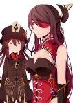 2girls ^_^ beidou_(genshin_impact) black_hair breasts brown_hair chinese_clothes cleavage closed_eyes commentary_request eyepatch genshin_impact hair_between_eyes hair_ornament hair_over_one_eye hairpin hat highres hu_tao_(genshin_impact) long_hair long_sleeves looking_at_another multiple_girls porkpie_hat red_eyes sidelocks simple_background sleeveless smile twintails white_background yasehattagi 