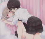  bare_legs black_bow black_bowtie blonde_hair blue_eyes blush bow bowtie brown_hair brown_skirt cardigan commentary_request hair_bun highres holding_hands looking_at_another multiple_girls on_bed open_mouth original pillow pink_cardigan pink_curtains pink_eyes plaid plaid_skirt rinlaby school_uniform shirt short_hair skirt tomboy white_shirt yuri 