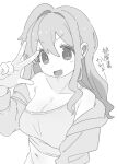  bare_shoulders breasts cardigan character_request check_copyright cleavage clothing_request copyright_request ear_piercing flamberge_lo gesture_request greyscale large_breasts monochrome onii-chan_wa_oshimai! piercing smile translation_request white_background 
