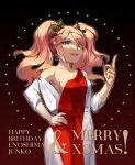  1girl :d alternate_hair_ornament bare_shoulders black_background blue_eyes breasts character_name collarbone danganronpa:_trigger_happy_havoc danganronpa_(series) dress enoshima_junko hair_ornament hand_on_own_hip happy_birthday index_finger_raised medium_breasts open_mouth pa_zi_dinglu red_background red_dress red_nails smile solo sparkle white_dress 