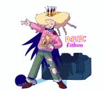  1boy alternate_costume alternate_hairstyle animal_print ball_and_chain_restraint blonde_hair blush braid brown_footwear cape closed_eyes commentary crown english_commentary english_text full_body green_pants hanazawa_teruki highres kyokyeo long_sleeves male_focus mob_psycho_100 pants pink_sweater print_sweater simple_background smile solo standing sweater torn_clothes torn_pants v white_background 